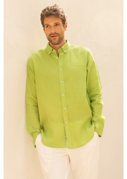Erkek %100 Keten Fıstık Yeşili Düğmeli Yaka Modern Fit Cepsiz Gömlek