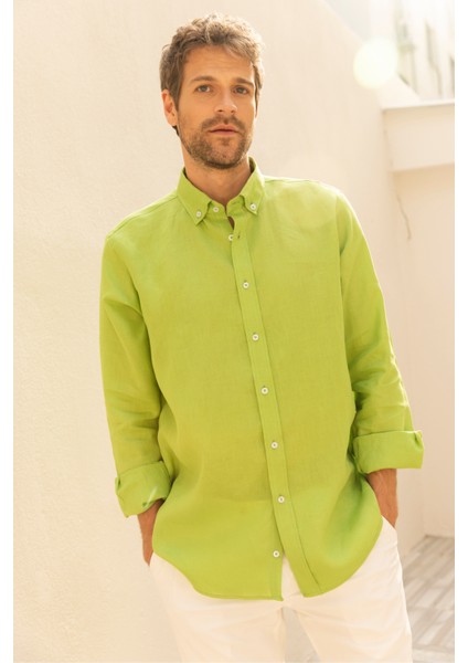 Erkek %100 Keten Fıstık Yeşili Düğmeli Yaka Modern Fit Cepsiz Gömlek fiyatları