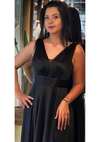 Siyah Kalın Askı Yırtmaçlı Kloş Etekli Simli Uzun Abiye Elbise 7205 fiyatları