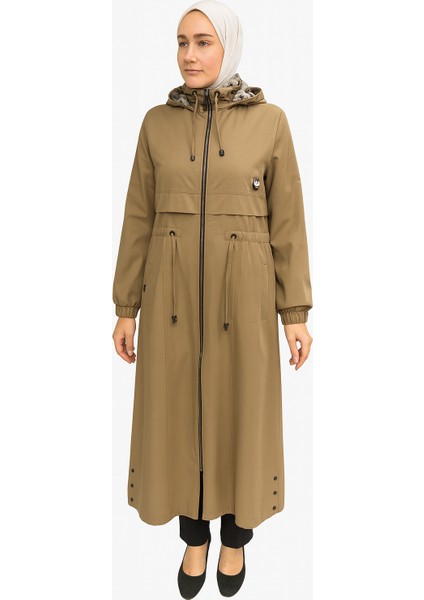 Haki Tesettür Yağmurluk Kadın Kapüşonlu Uzun Kap