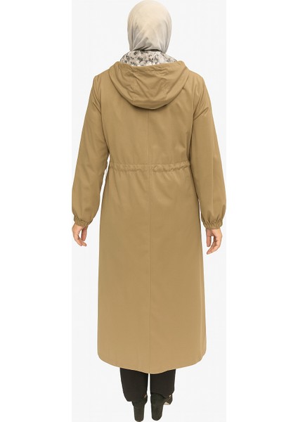 Haki Tesettür Yağmurluk Kadın Kapüşonlu Uzun Kap modelleri