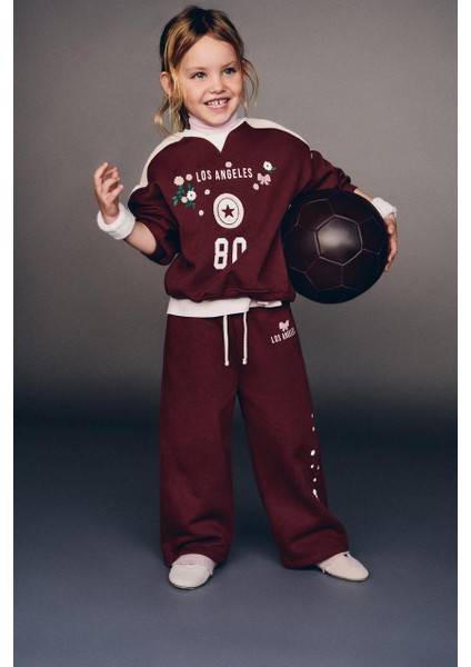 Kız Çocuk Pamuklu Bordo Los Angeles Baskılı Çiçek Desenli Oversize Eşofman Takım