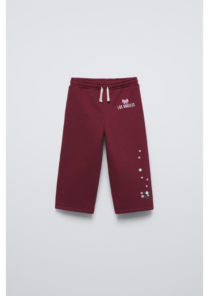 Kız Çocuk Pamuklu Bordo Los Angeles Baskılı Çiçek Desenli Oversize Eşofman Takım modelleri