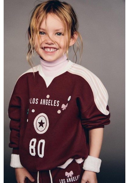 Kız Çocuk Pamuklu Bordo Los Angeles Baskılı Çiçek Desenli Oversize Eşofman Takım fırsatları