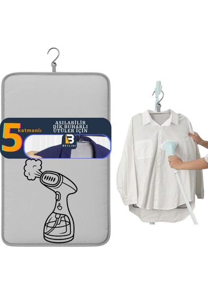 Buharlı Dikey Ütü Matı 5 Katman Asılabilir Yanmaz Çift Taraflı Dayanıklı Keçeli Buharlı Ütü Bezi Gri 50X80 cm