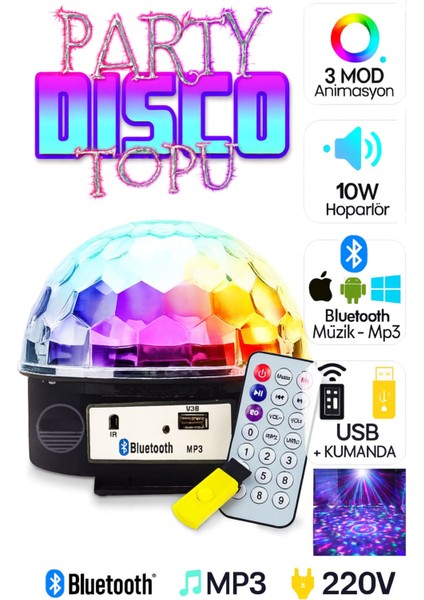 Sihirli LED Dönen Disko Topu Kablosuz Bluetooth USB Mp3 Kumandalı 360° Renkli Işık 165X165X150MM