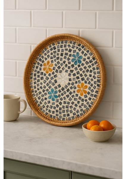 Sedef Mozaik Rattan Servis Tepsisi, El Yapımı Boho Sunum Tepsisi, Kahve/çay Ikram, 40 cm