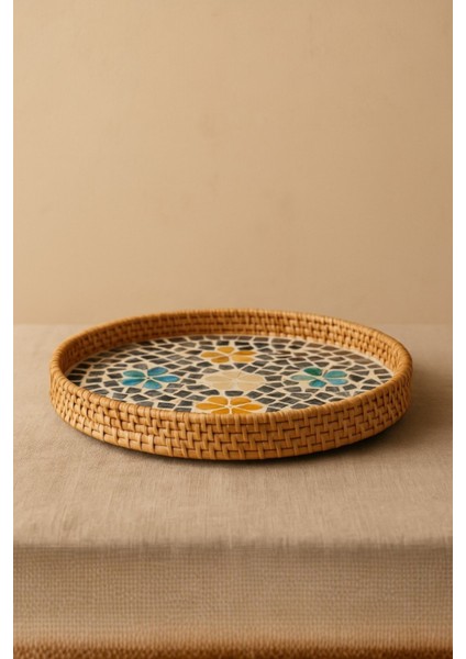 Sedef Mozaik Rattan Servis Tepsisi, El Yapımı Boho Sunum Tepsisi, Kahve/çay Ikram, 40 cm fiyatları