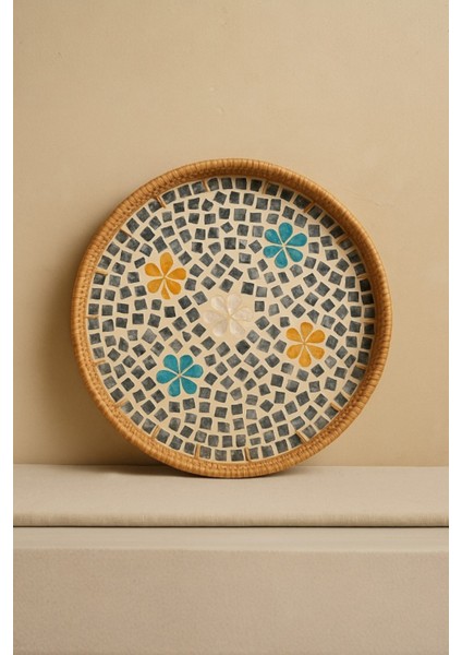 Sedef Mozaik Rattan Servis Tepsisi, El Yapımı Boho Sunum Tepsisi, Kahve/çay Ikram, 40 cm fırsatları