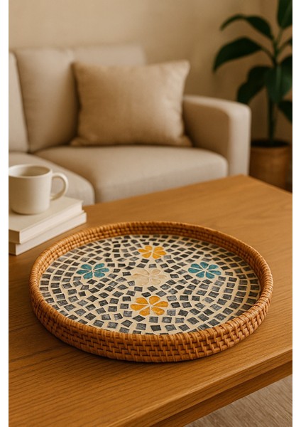 Sedef Mozaik Rattan Servis Tepsisi, El Yapımı Boho Sunum Tepsisi, Kahve/çay Ikram, 40 cm indirimleri
