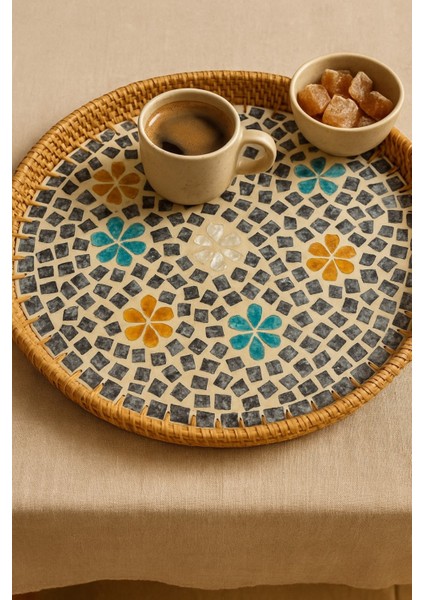 Sedef Mozaik Rattan Servis Tepsisi, El Yapımı Boho Sunum Tepsisi, Kahve/çay Ikram, 40 cm