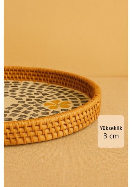 Sedef Mozaik Rattan Servis Tepsisi, El Yapımı Boho Sunum Tepsisi, Kahve/çay Ikram, 40 cm