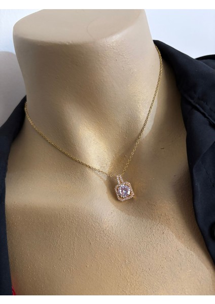 Çelik Gold Renk Zincir Taşlı Kare Model Kolye fiyatları