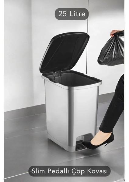 Slim Pedallı Banyo Mutfak Çöp Kovası - 25 Litre - Antrasit(Iç Kovasız)