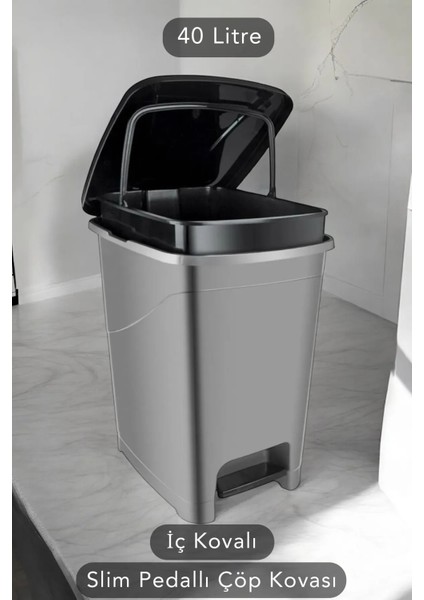Iç Kovalı Slim Pedallı Banyo Mutfak Çöp Kovası - 40 Litre - Antrasit