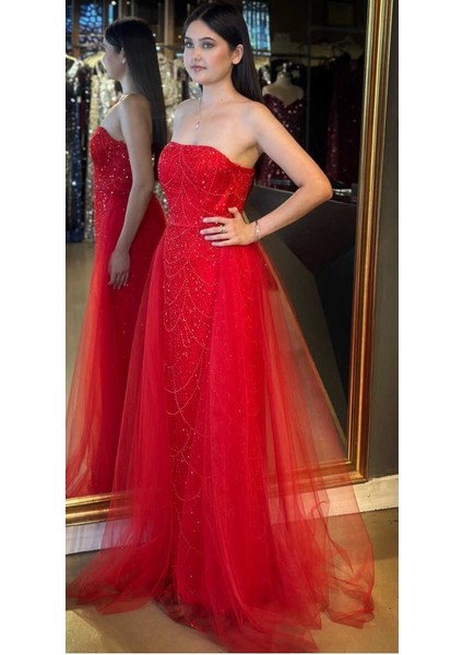Kırmızı Straplez Yaka Tül Pelerin Etekli Pullu Boncuklu Uzun Abiye Elbise 7705 fiyatları