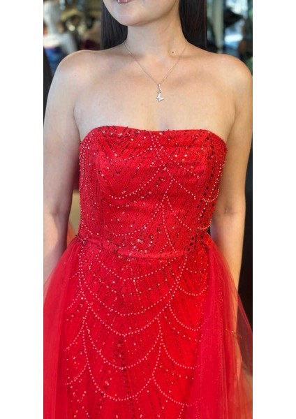 Kırmızı Straplez Yaka Tül Pelerin Etekli Pullu Boncuklu Uzun Abiye Elbise 7705 fırsatları