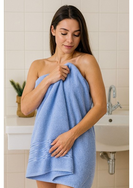 70X140 %100 Pamuk Mavi Tekli Otel Havlusu, Banyo Havlusu, Spa Havlu, Mavi Havlu