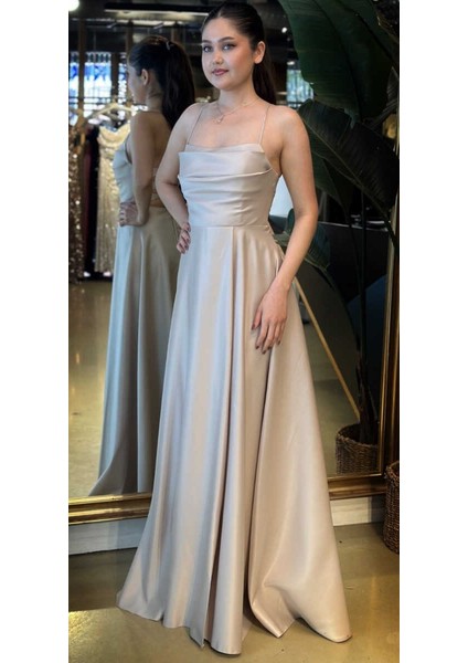 Bej Ip Askılı Sırt Dekolteli Kloş Etekli Saten Uzun Abiye Elbise 7764 fiyatları