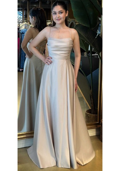 Bej Ip Askılı Sırt Dekolteli Kloş Etekli Saten Uzun Abiye Elbise 7764