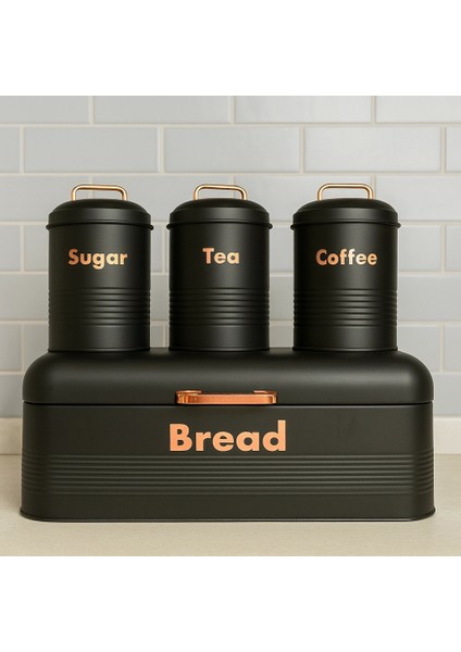 4 Lü Mutfak Seti Ekmeklikçay Kahve Şekerlik Siyah