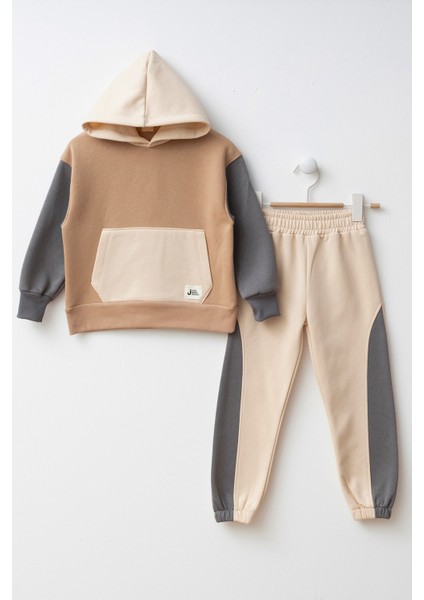 Renk Bloklu Kapşonlu Erkek Çocuk Alt Üst Eşofman Takımı