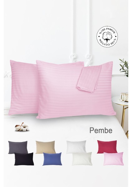 %100 Pamuk 2’li Çizgili Saten Yastık Kılıfı 50 x 70 | Pembe