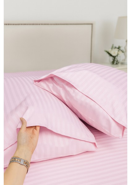 %100 Pamuk 2’li Çizgili Saten Yastık Kılıfı 50 x 70 | Pembe fiyatları