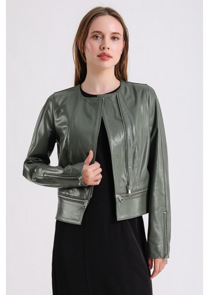 Alvira Kadın Yeşil Deri Ceket