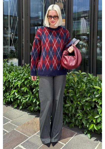 Lacivert Bisiklet Yaka Şardonlu Baklava Desenli Kazak MG2493