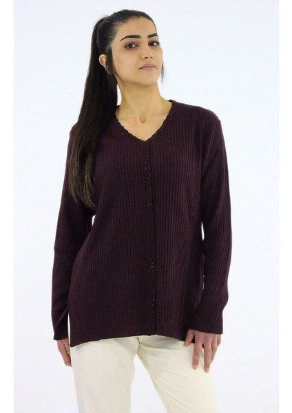 V Yaka Dolu Iğne Fitilli Triko Kazak indirimleri