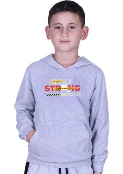 Kapüşonlu Kanguru Cepli Stay Strong Baskılı Erkek Çocuk Sweatshirt