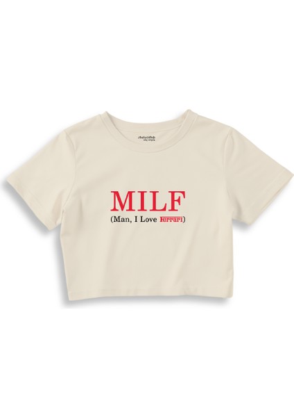 Mılf / Man I Love Ferrari Crop Tişört - Ekru