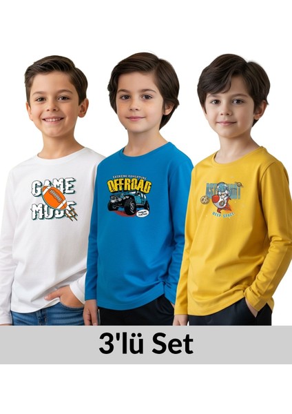 Erkek Çocuk Bisiklet Yaka Baskı Detaylı 3'lü Basic Sweatshirt