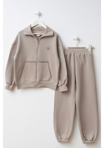 Cepleri Dikişli Fermuarlı Kız Çocuk Alt Üst Eşofman Takımı