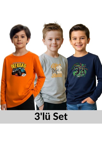 Erkek Çocuk Bisiklet Yaka Baskı Detaylı 3'lü Basic Sweatshirt