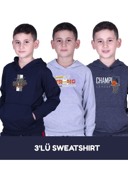 3'lü Erkek Çocuk Baskılı Cepli Kapüşonlu Sweatshirt