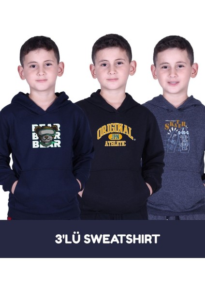 3'lü Erkek Çocuk Baskılı Cepli Kapüşonlu Sweatshirt