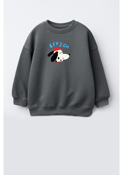 Erkek Çocuk Köpek Baskılı 3 Iplik Kumaş Pamuklu Sweatshirt