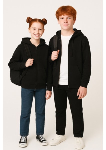 Kız - Erkek Basic Fermuarlı Kapüşonlu Okul Sweatshırt G2025-3