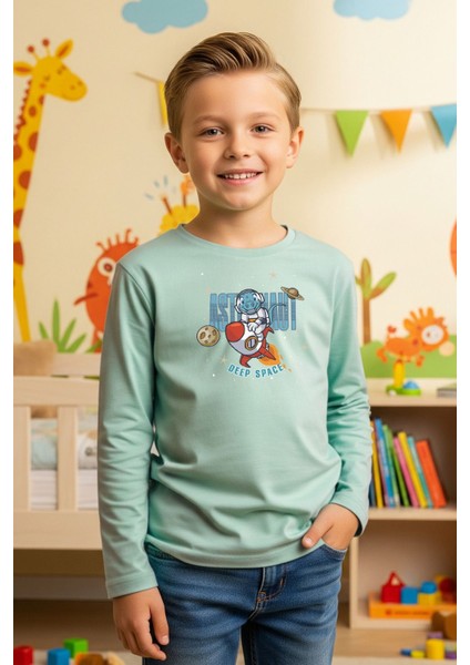 Sıfır Yaka Astranot Baskılı Erkek Çocuk Sweatshirt