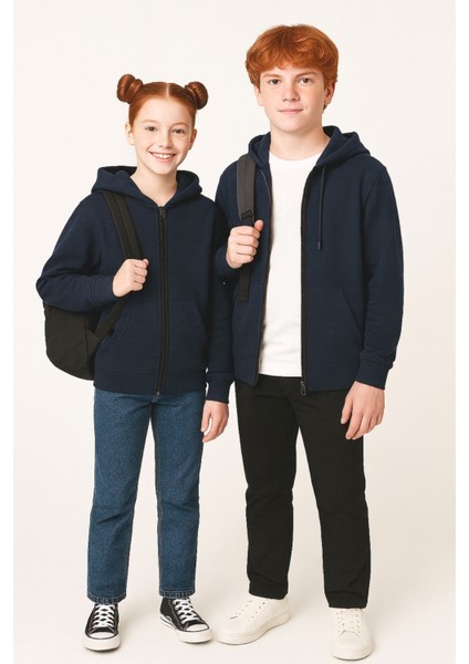 Kız - Erkek Basic Fermuarlı Kapüşonlu Okul Sweatshırt G2025-3