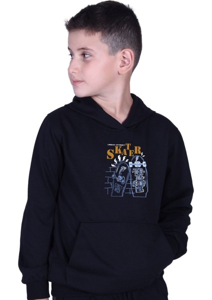 Kapüşonlu Kanguru Cepli Skater Baskılı Erkek Çocuk Sweatshirt