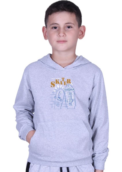 Kapüşonlu Kanguru Cepli Skater Baskılı Erkek Çocuk Sweatshirt
