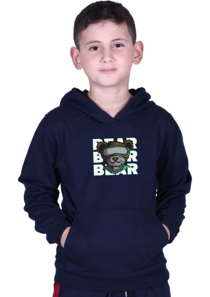 Kapüşonlu Kanguru Cepli Bear Baskılı Erkek Çocuk Sweatshirt