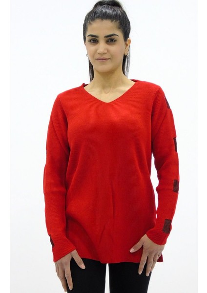 V Yaka Kol Detaylı Triko Kazak