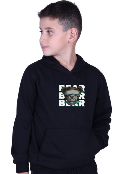 Kapüşonlu Kanguru Cepli Bear Baskılı Erkek Çocuk Sweatshirt