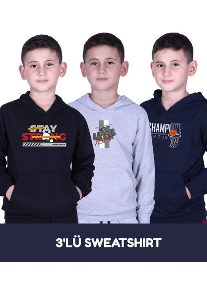 3'lü Erkek Çocuk Baskılı Cepli Kapüşonlu Sweatshirt