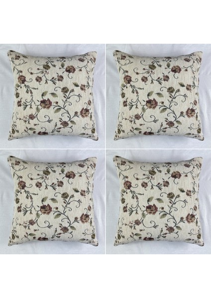 Çiçek Desenli Yastık Kılıfı Çift Taraflı Goblen Kumaş Kapalı Fermuarlı Kırlent 4'lü 40X40