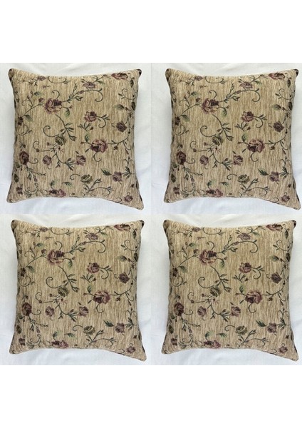 Çiçek Desenli Yastık Kılıfı Çift Taraflı Goblen Kumaş Kapalı Fermuarlı Kırlent 4'lü 40X40